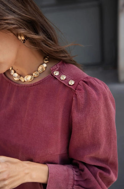 Céleste Bordeaux Denim Dress