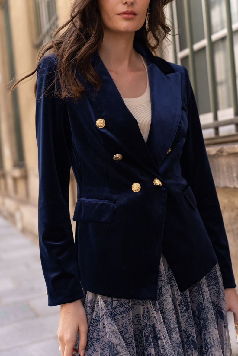 Navy Long Sleeve Velvet Blazer