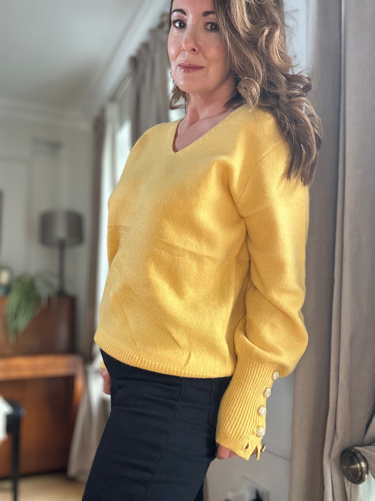 Yellow Sweater with Gold Buttons