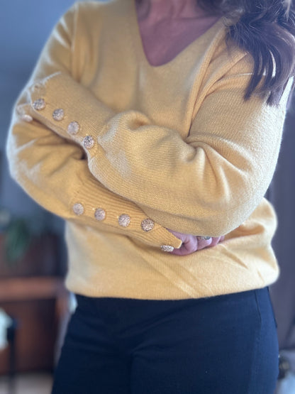 Yellow Sweater with Gold Buttons