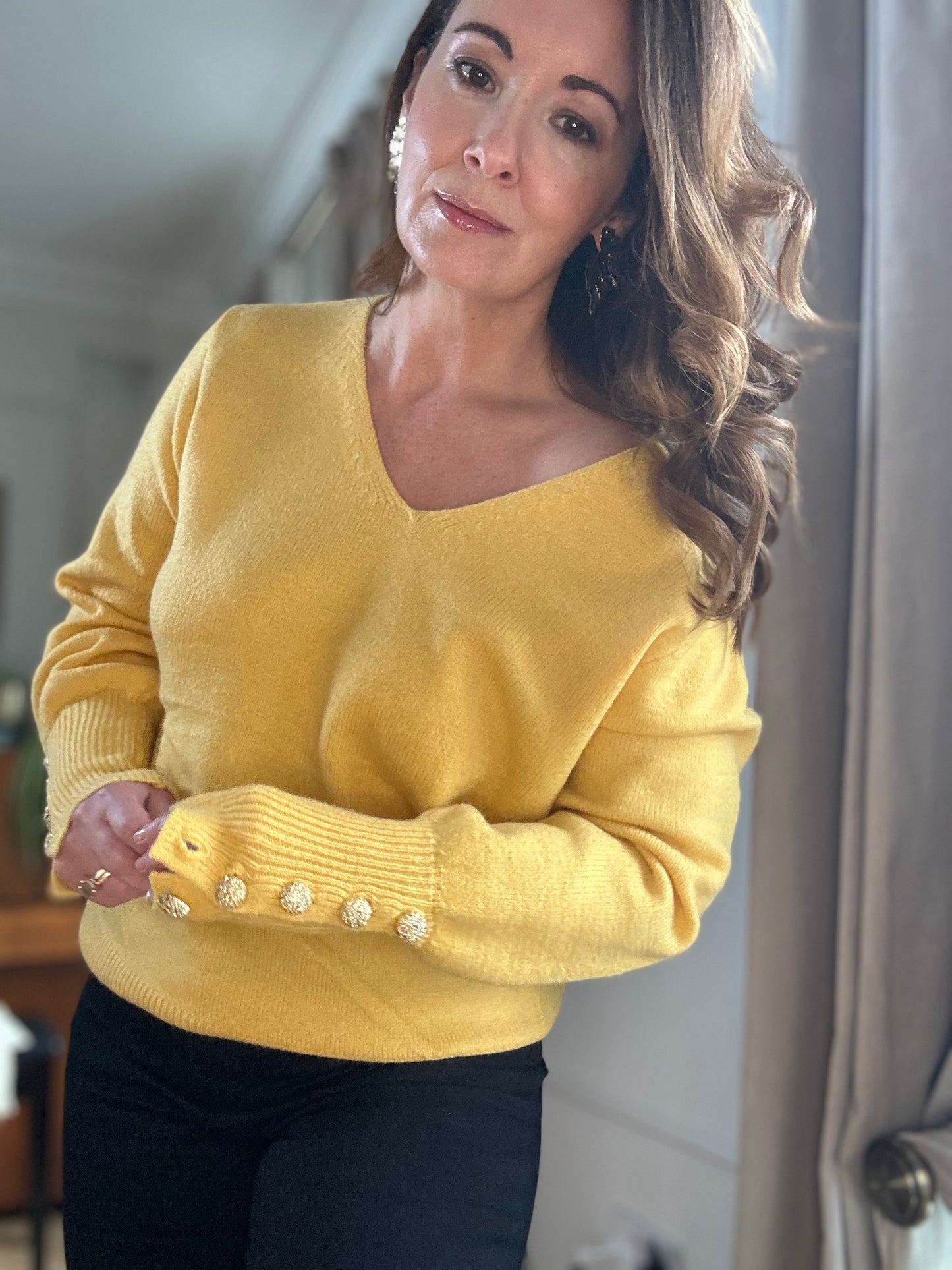 Yellow Sweater with Gold Buttons