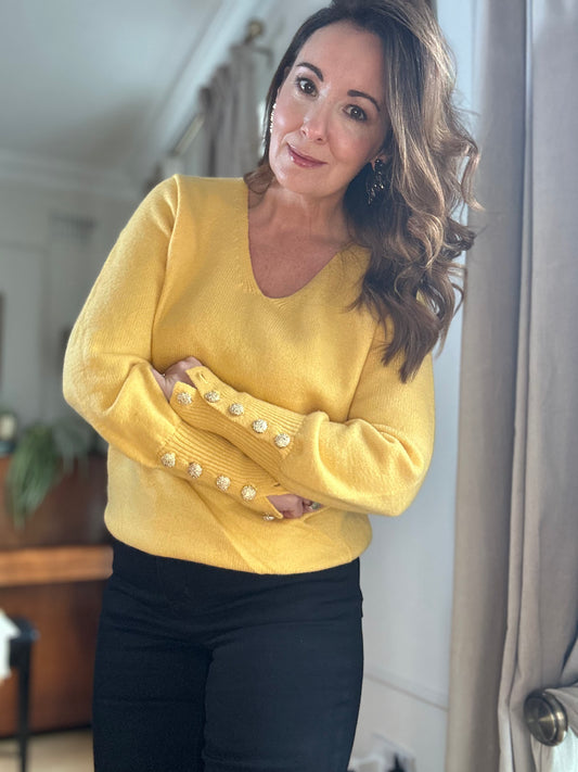 Yellow Sweater with Gold Buttons