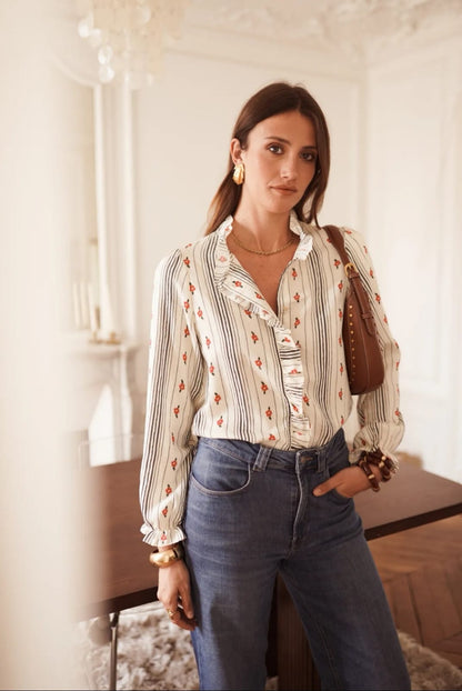 Floral Stripe Ruffle Blouse