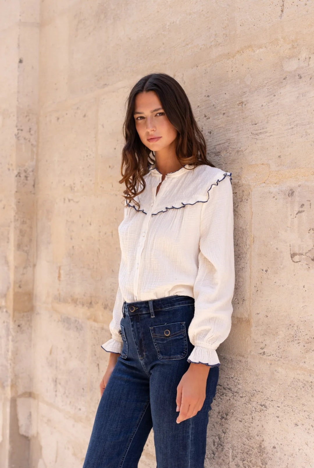 White Cotton Gauze Blouse with Navy Trim