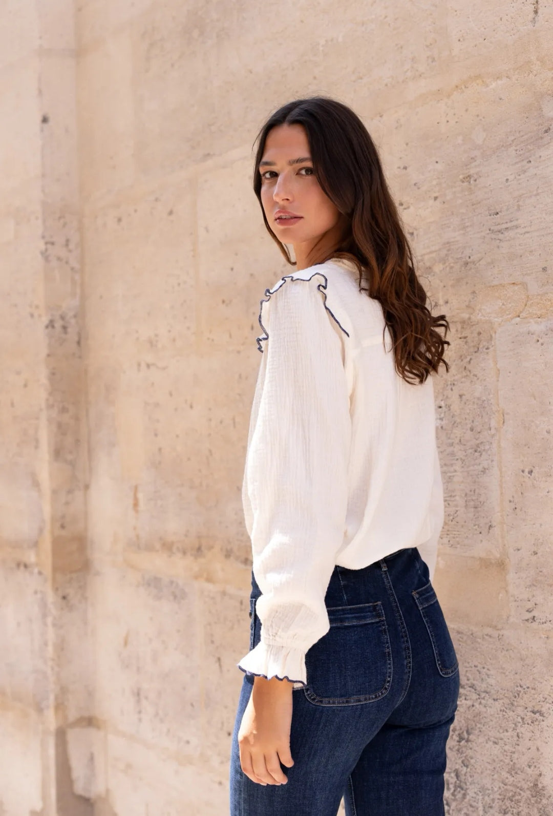 White Cotton Gauze Blouse with Navy Trim
