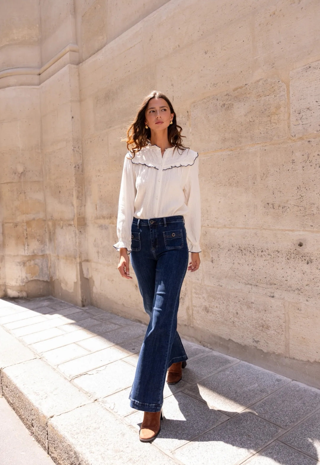 White Cotton Gauze Blouse with Navy Trim