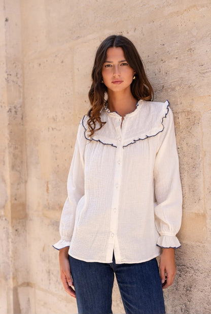 White Cotton Gauze Blouse with Navy Trim