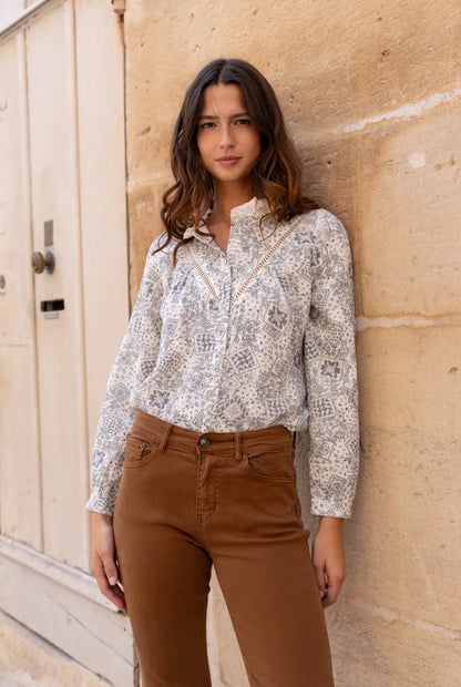 Cream & Blue Printed Blouse