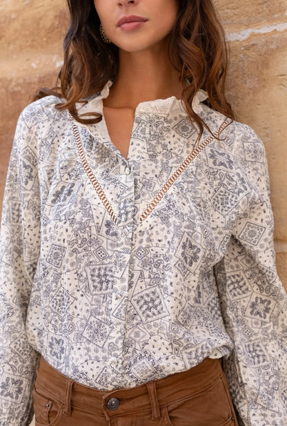 Cream & Blue Printed Blouse