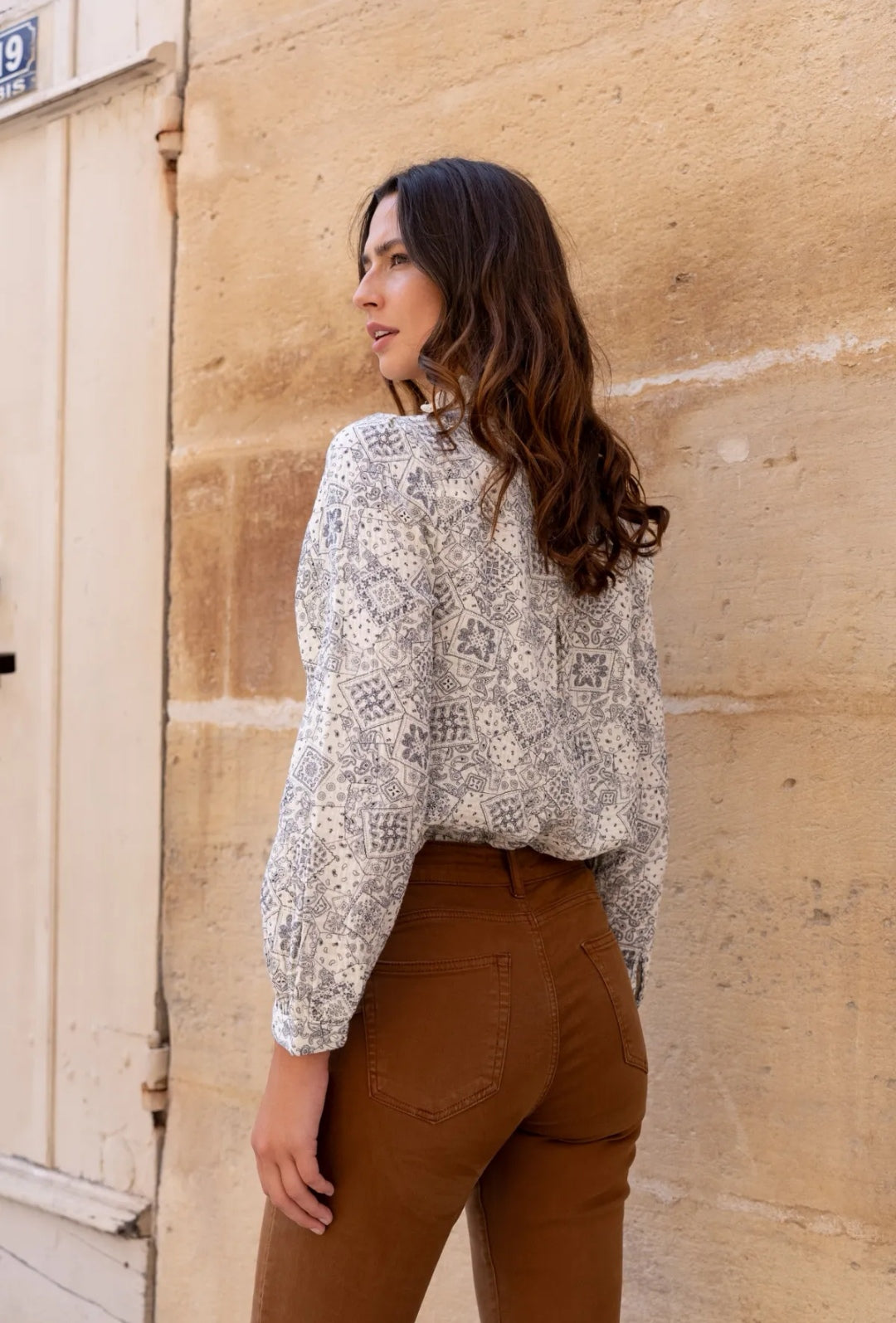 Cream & Blue Printed Blouse