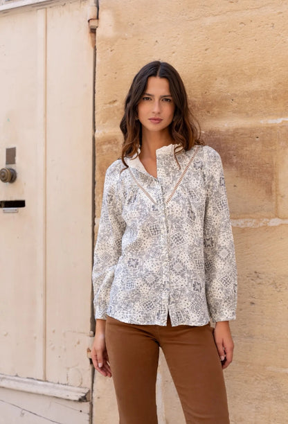 Cream & Blue Printed Blouse