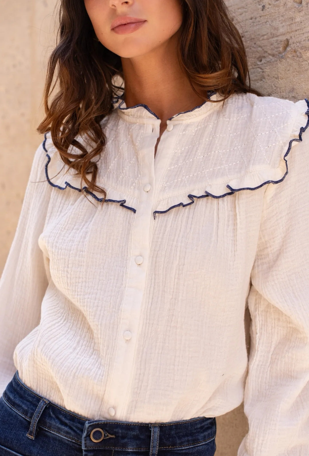 White Cotton Gauze Blouse with Navy Trim