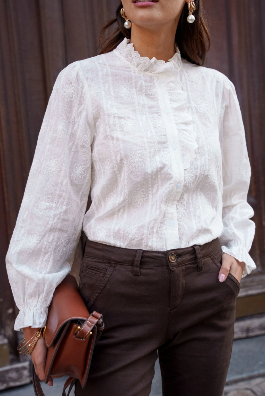 Embossed White Cotton Frill Neck Blouse