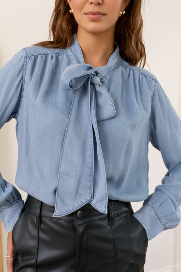 Denim Pussy Bow Shirt - preorder arrives next week!