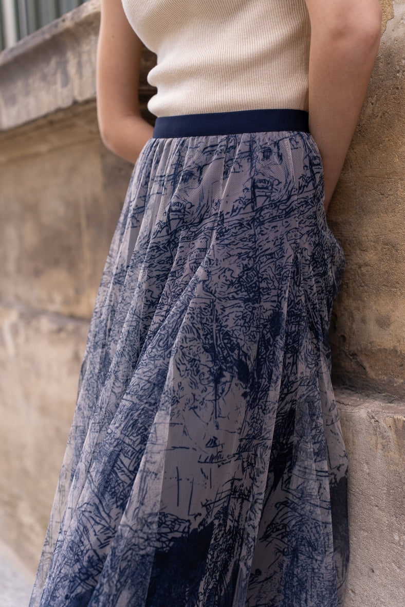 Toile de Jouy Printed Tulle Skirt